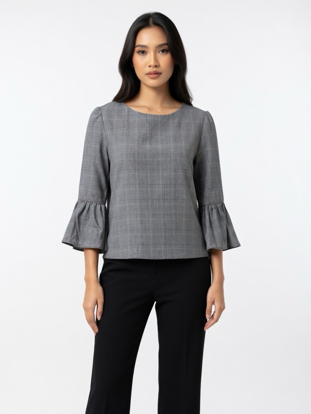 Alice + Olivia Grey Glen Plaid Virgin Wool Bernice Ruffle Bell Sleeve Top